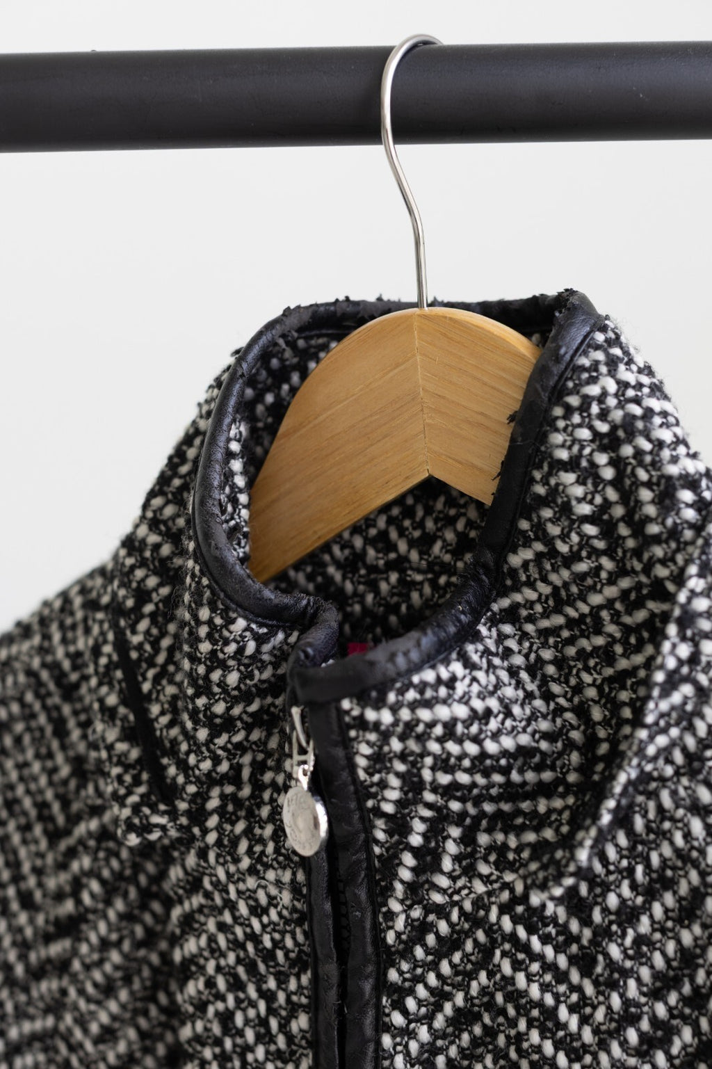 Betsey Johnson Black & White Tweed Herringbone Jacket Faux Leather Trim M