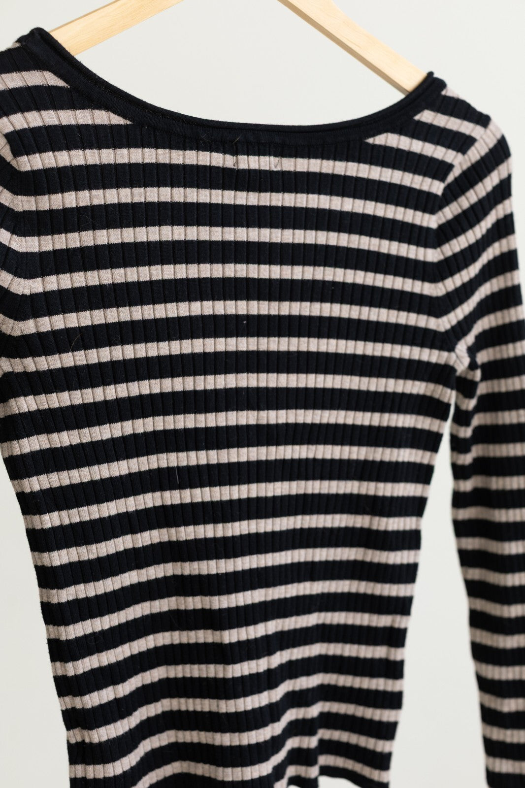 A New Day Striped Ribbed Long Sleeve Top Large Black Beige Scoop Neck