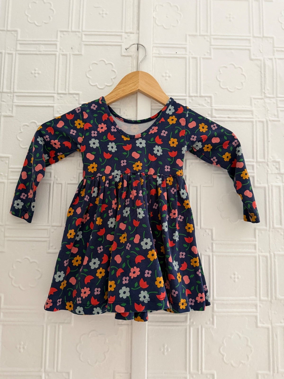Hanna Andersson Floral Long Sleeve Pocket Dress 85cm US 2T Navy Blue