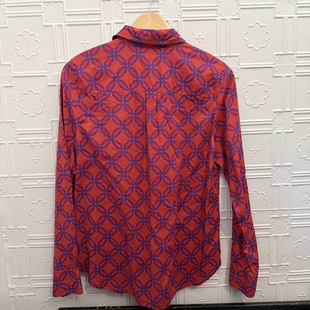 J.Crew Womens Size 10 Cotton Button Down Shirt Red Purple Geometric Print Top
