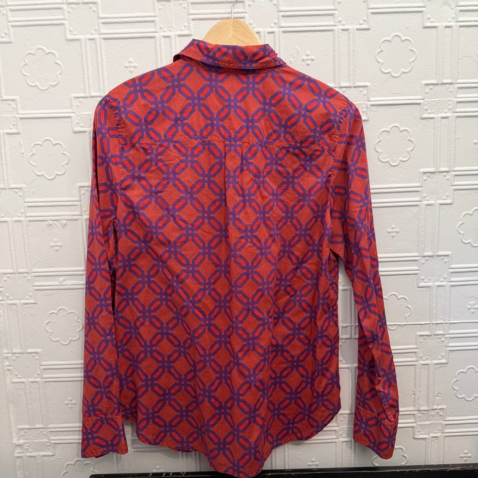 J.Crew Womens Size 10 Cotton Button Down Shirt Red Purple Geometric Print Top
