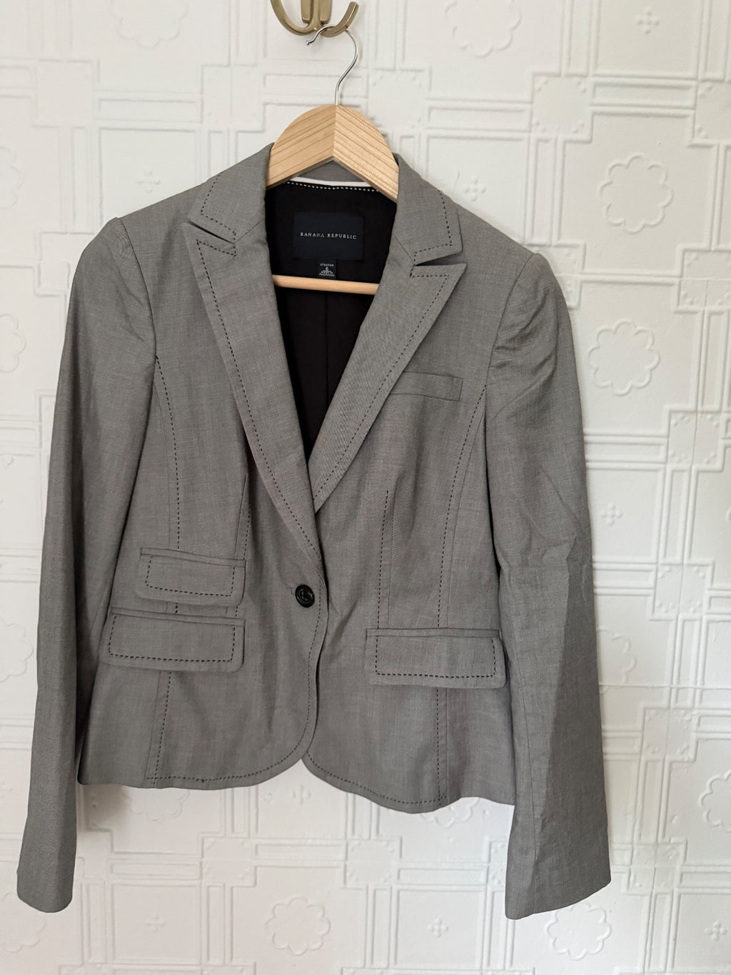 Banana Republic Pick Stitch Blazer Grey Size 6 Stretch Cotton Single Button