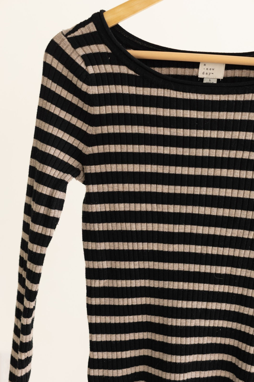 A New Day Striped Ribbed Long Sleeve Top Large Black Beige Scoop Neck