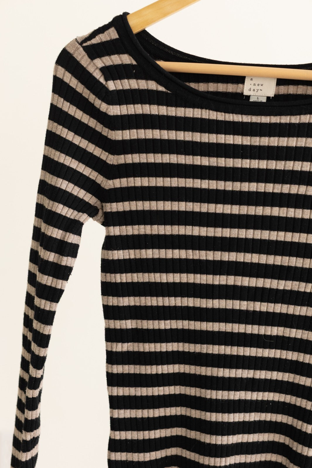 A New Day Striped Ribbed Long Sleeve Top Large Black Beige Scoop Neck
