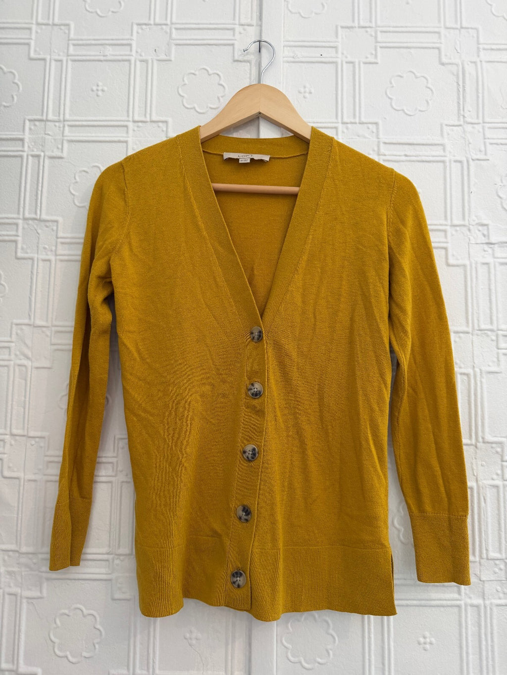 LOFT Mustard Yellow V-Neck Button Cardigan Sweater Wool Blend XS