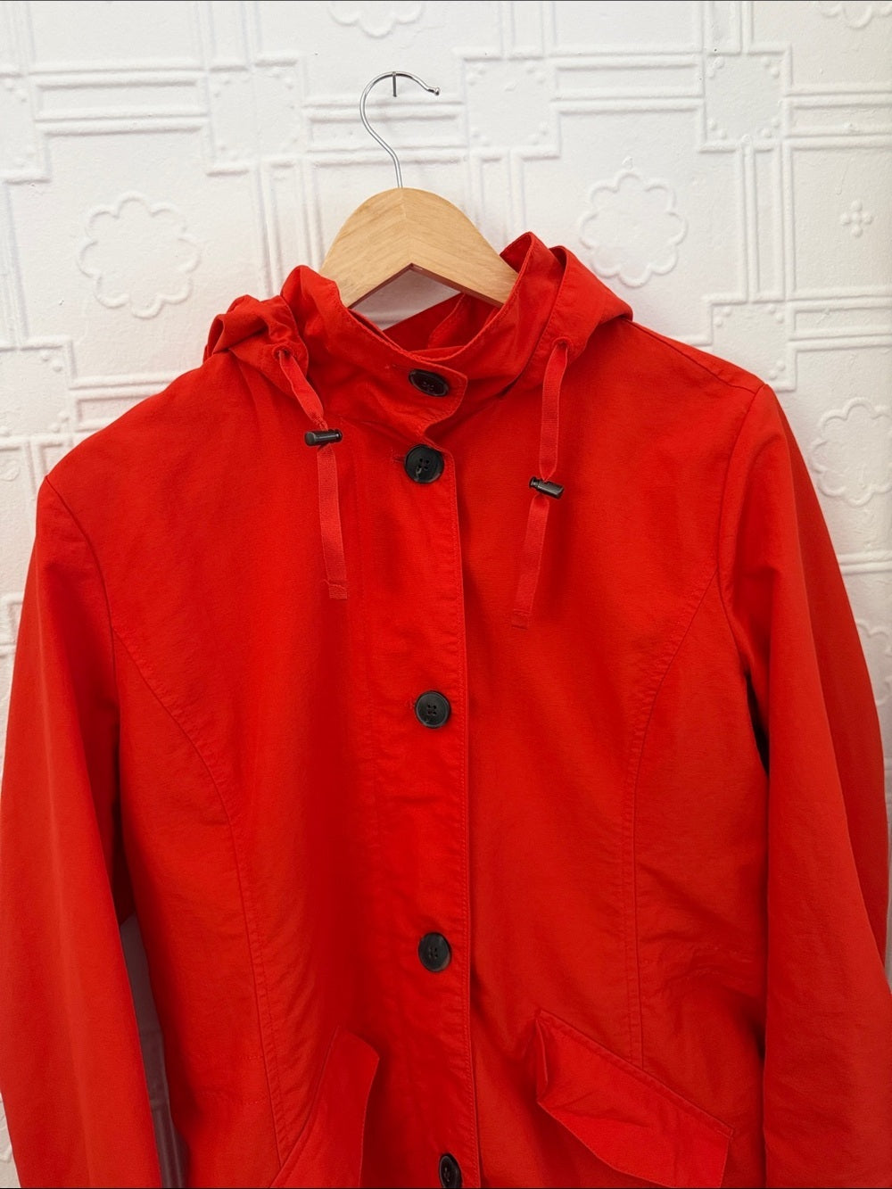 Vintage Lands' End Hooded Rain Jacket Size S Small Orange Red Waterproof Coat