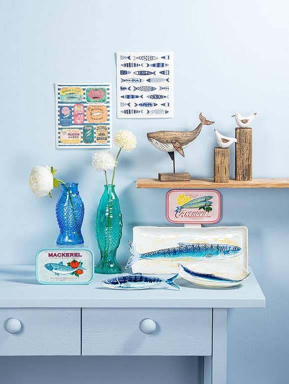 Long Slim Fish Dish-Blue & Yellow-9"L