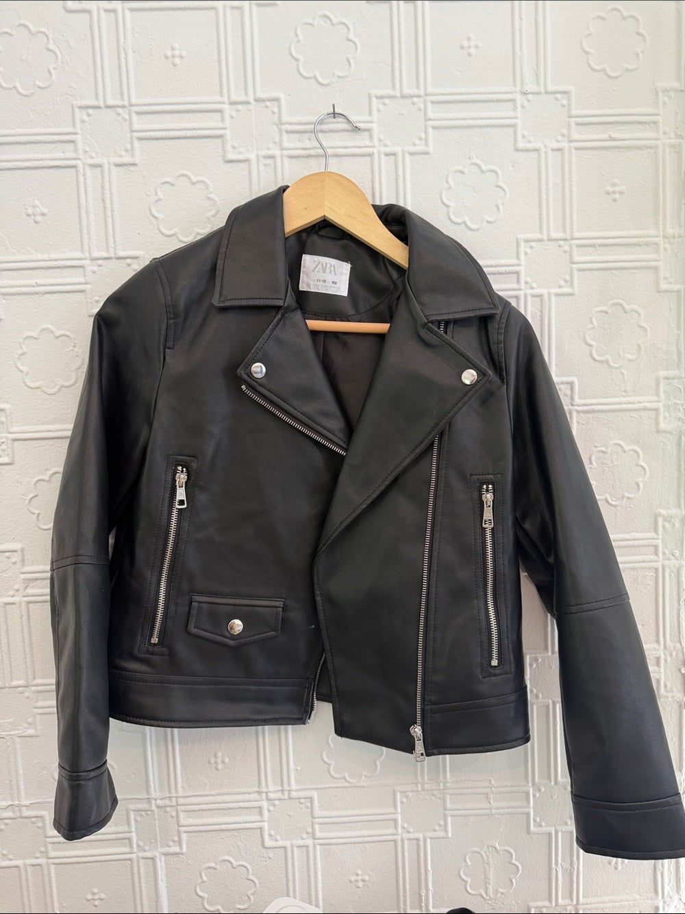 Zara Girls Black Faux Leather Asymmetric Moto Biker Jacket Size 12