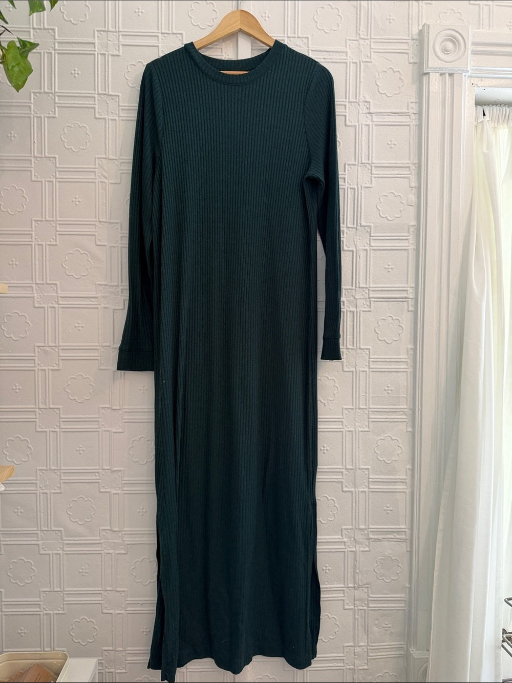 Old Navy Rib-Knit Long Sleeve Maxi Shift Dress Green L Tall Side Slit Cozy
