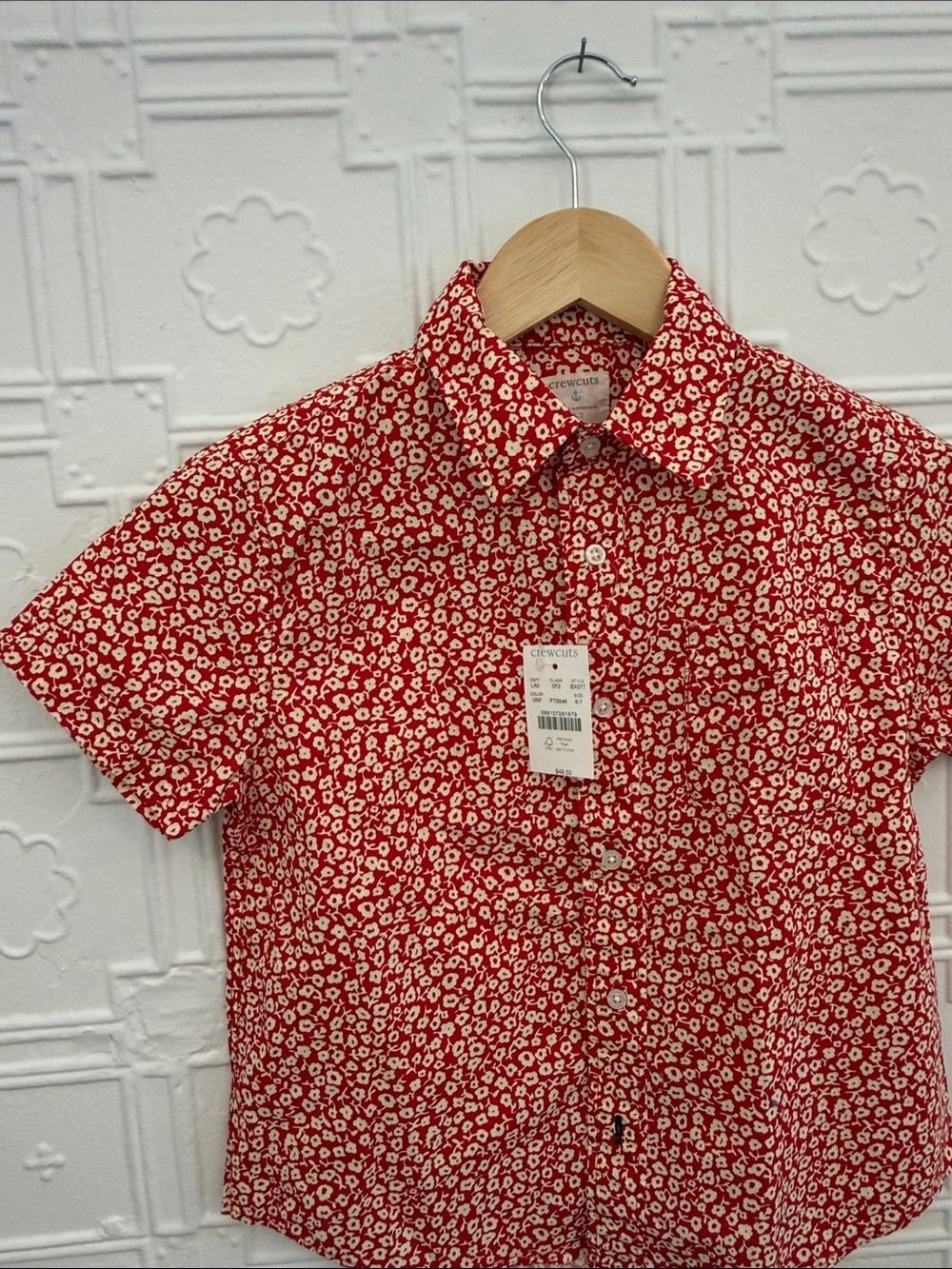 Crewcuts J Crew Boys Red Floral Short Sleeve Button Down Shirt NWT Size 6-7