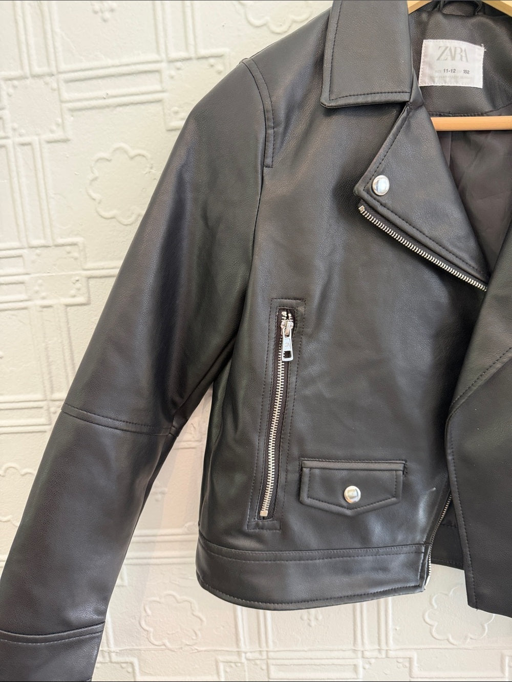 Zara Girls Black Faux Leather Asymmetric Moto Biker Jacket Size 12