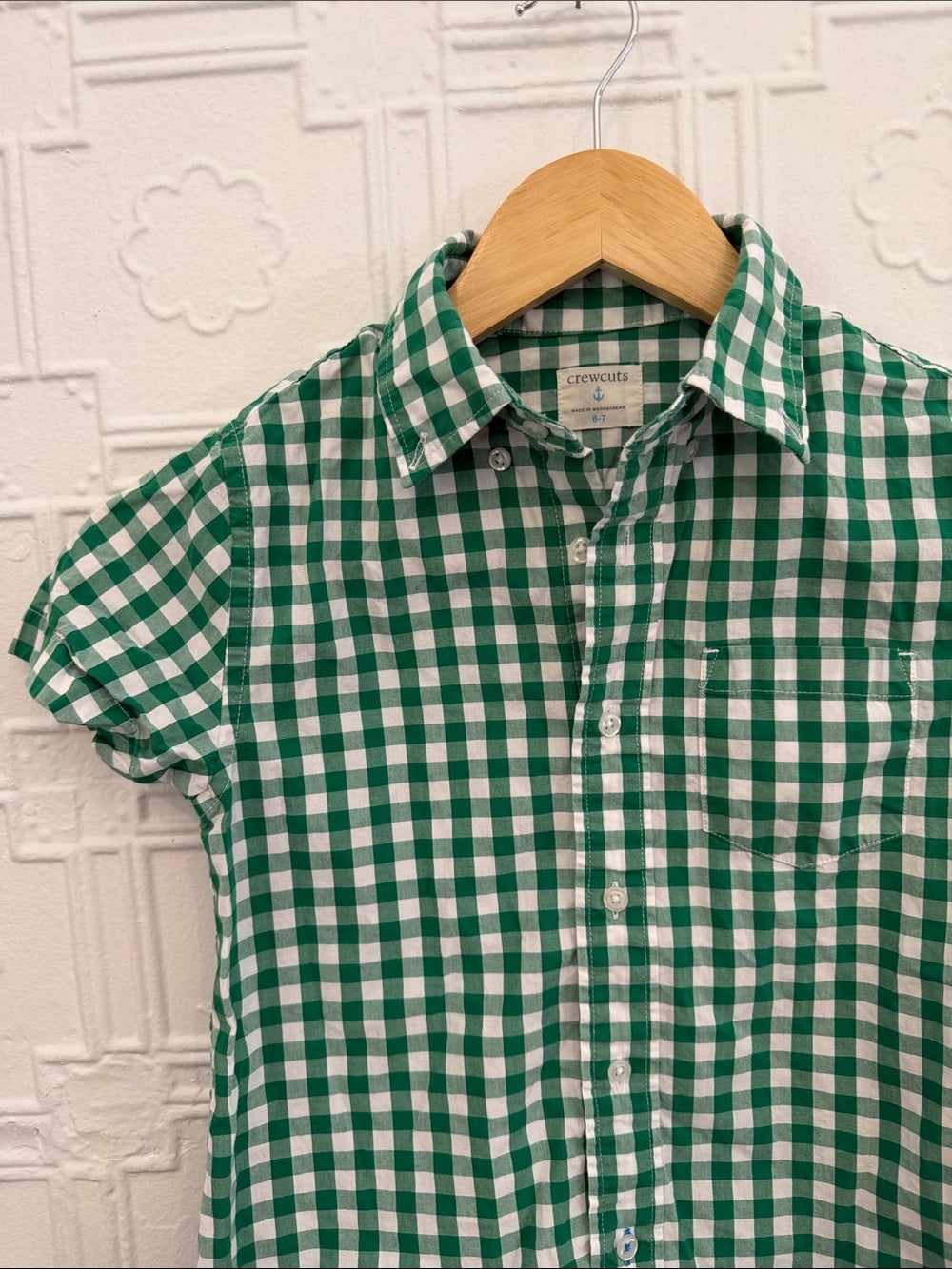 Crewcuts J. Crew Boys Green White Gingham Short Sleeve Button Down Shirt 6