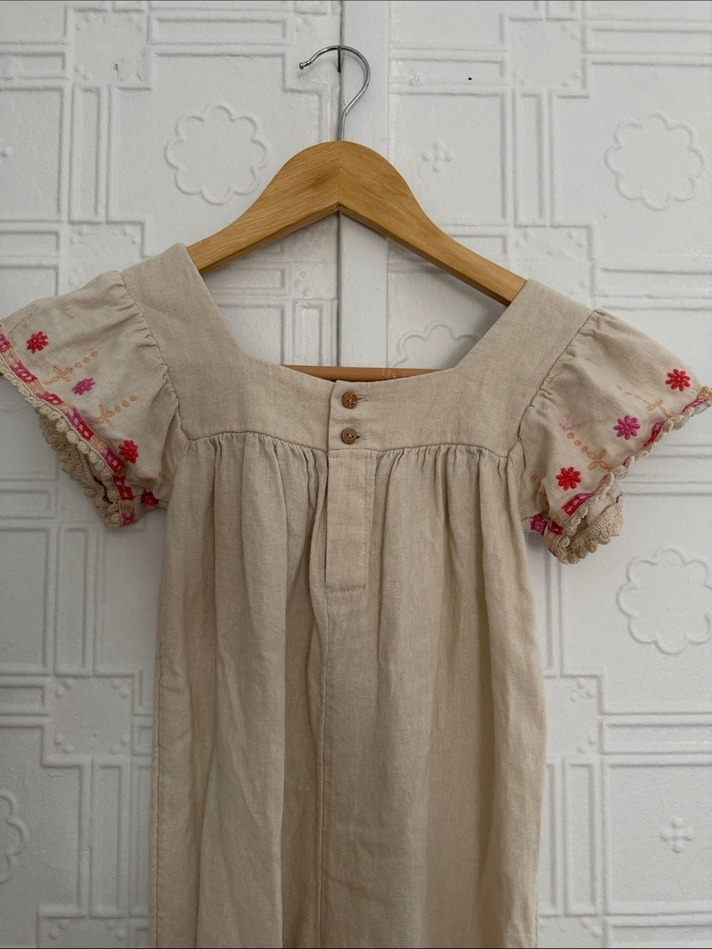 Old Navy Linen Embroidered Boho Jumpsuit Oatmeal 5T