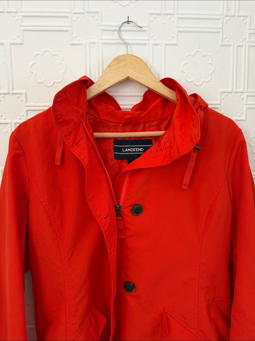 Vintage Lands' End Hooded Rain Jacket Size S Small Orange Red Waterproof Coat