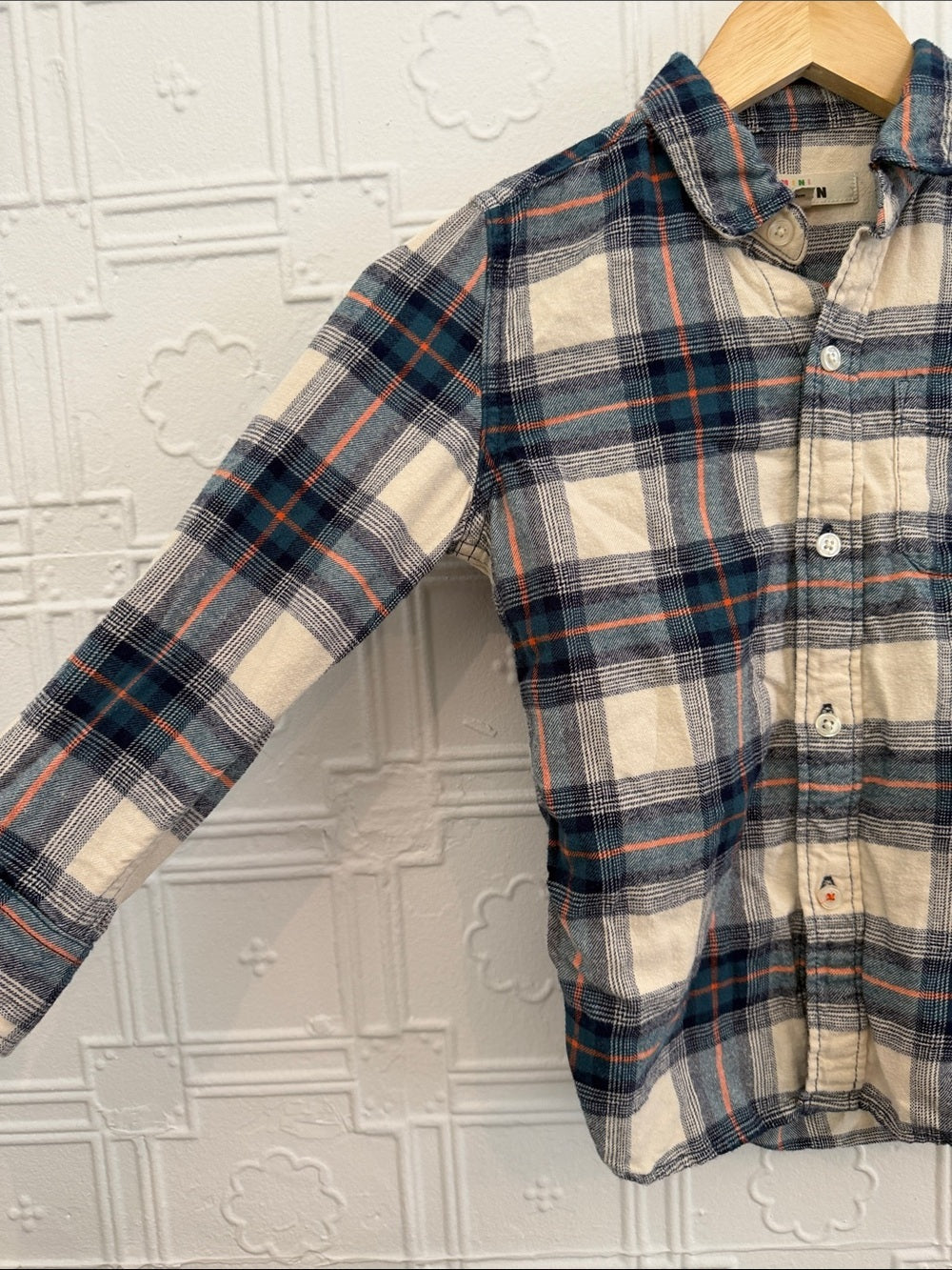 Mini Boden Boys Plaid Button Down Shirt Blue Cream Rust Size 6-Y