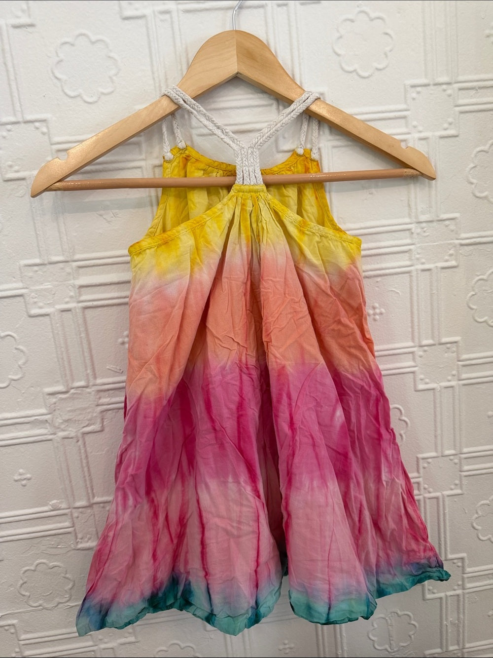 Toddler Girls 5T Tie-Dye Ombre Sundress Yellow Pink Teal Summer Dress