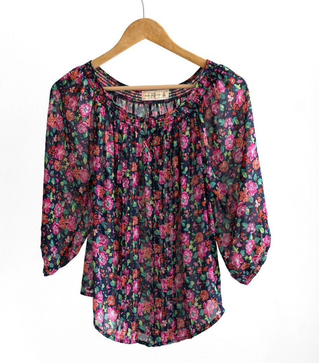 Abercrombie & Fitch Floral Peasant Top Medium Sheer Boho Blouse