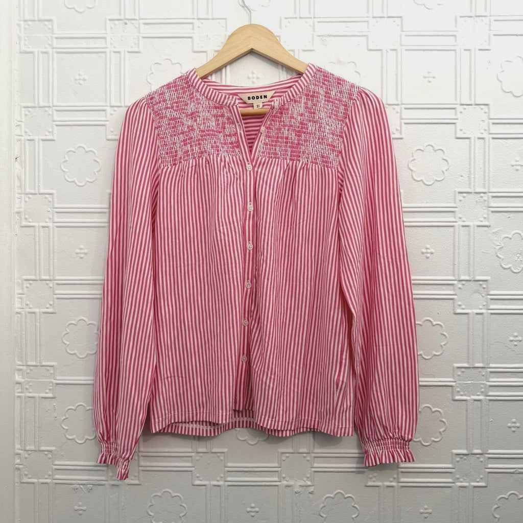 Boden Elsa Smocked Yoke Jersey Shirt Pink Stripe US 4 UK 8