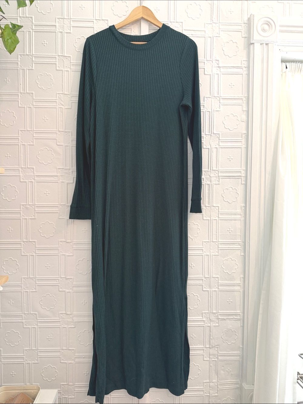 Old Navy Rib-Knit Long Sleeve Maxi Shift Dress Green L Tall Side Slit Cozy