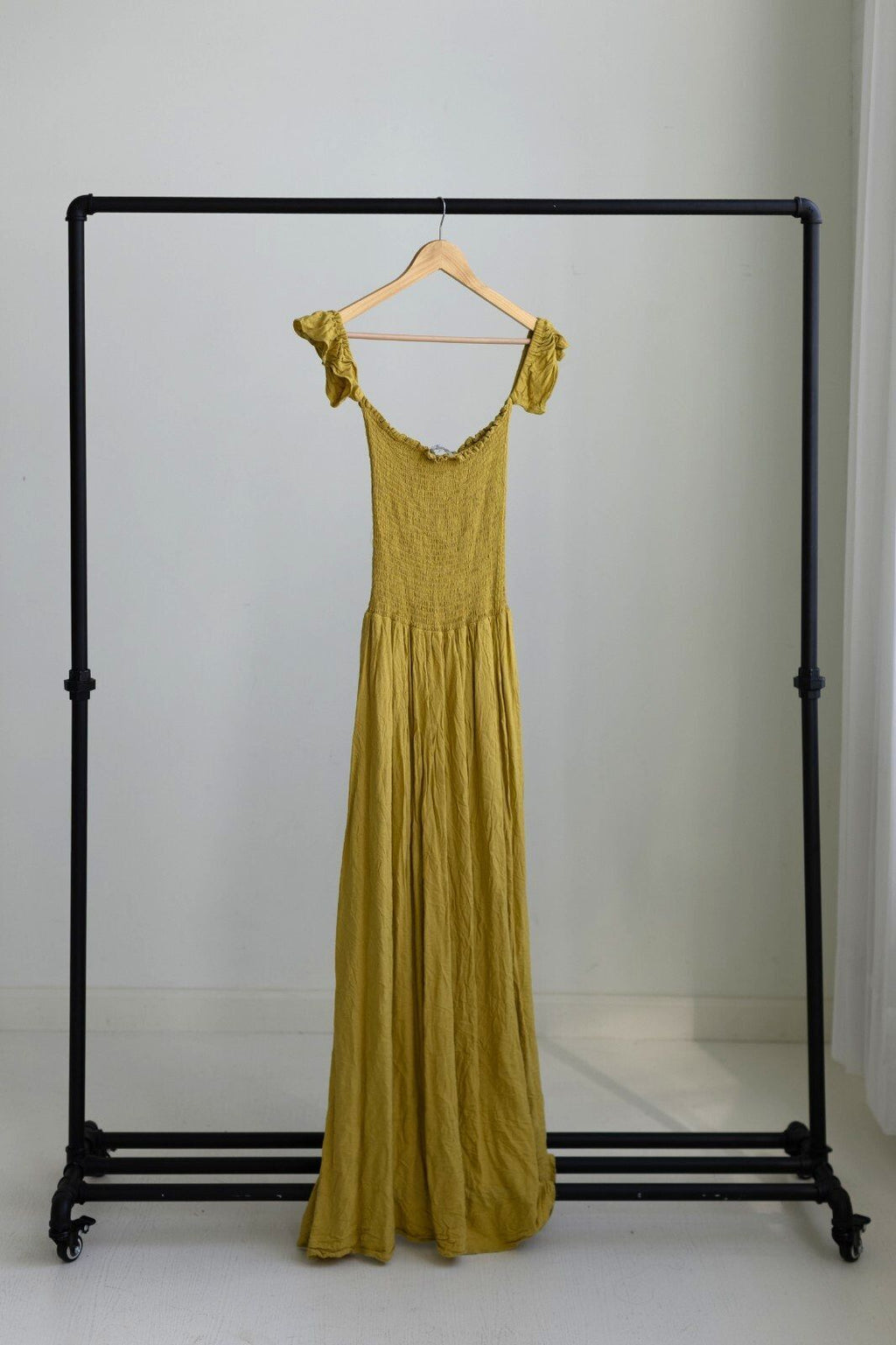 Young Fabulous & Broke Smocked Off Shoulder Maxi Dress Mustard Yellow M