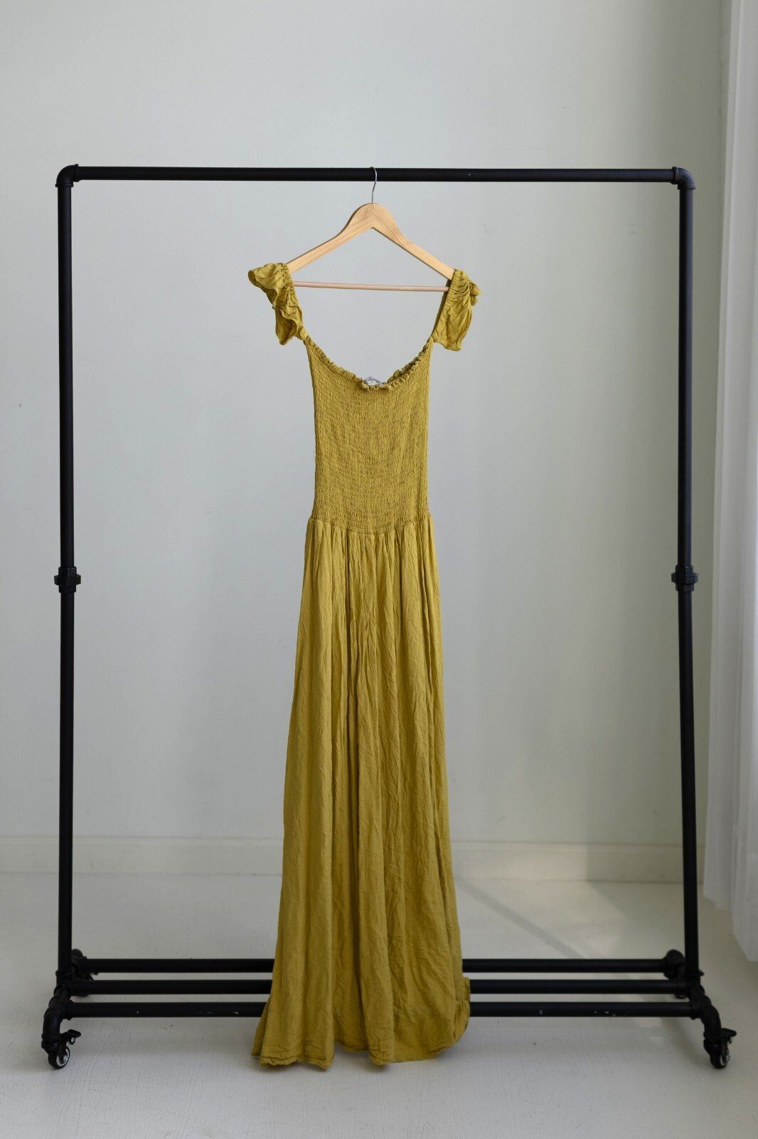Young Fabulous & Broke Smocked Off Shoulder Maxi Dress Mustard Yellow M
