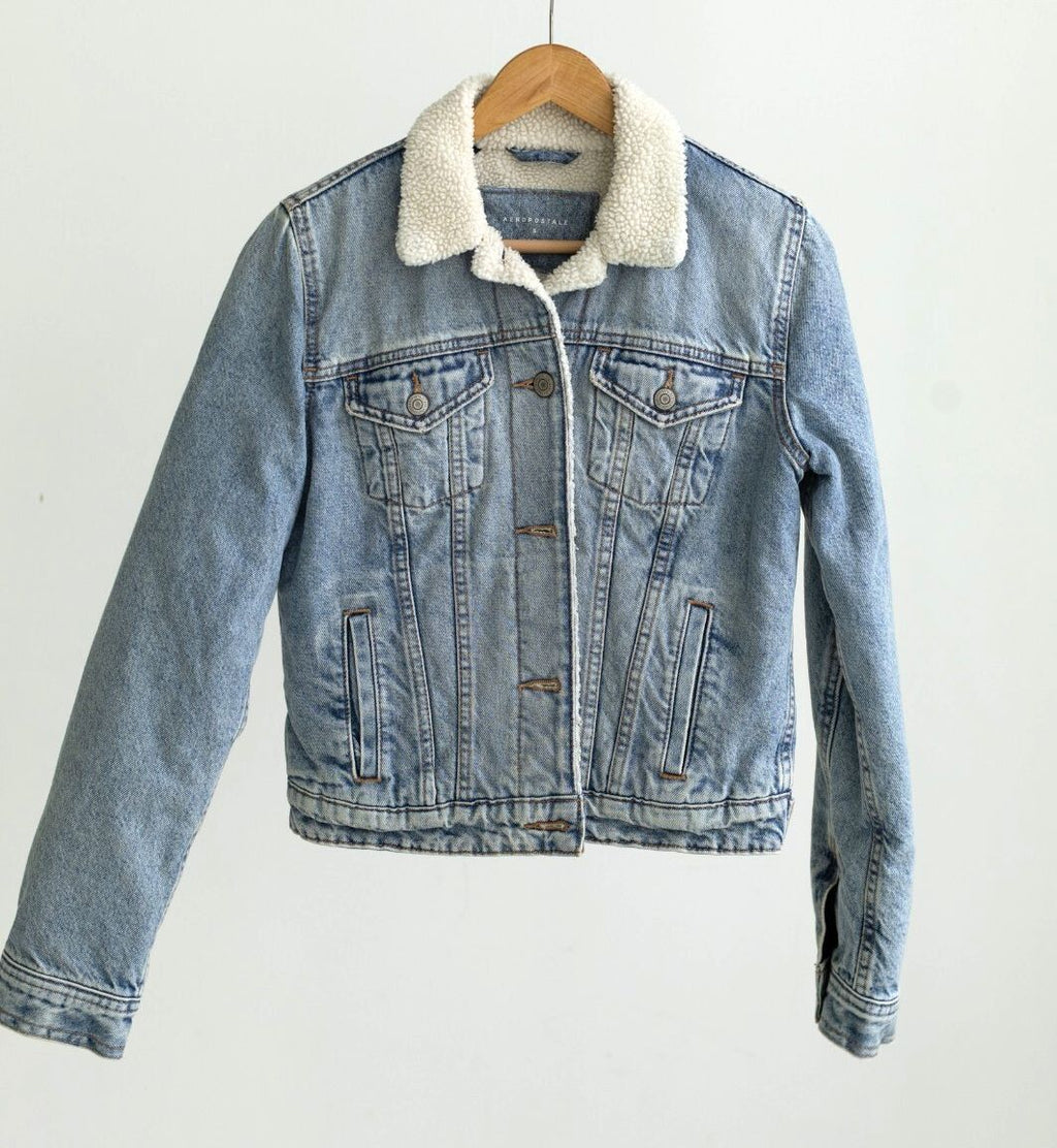 Aeropostale Sherpa Lined Denim Jacket Small Light Wash Fleece Trucker