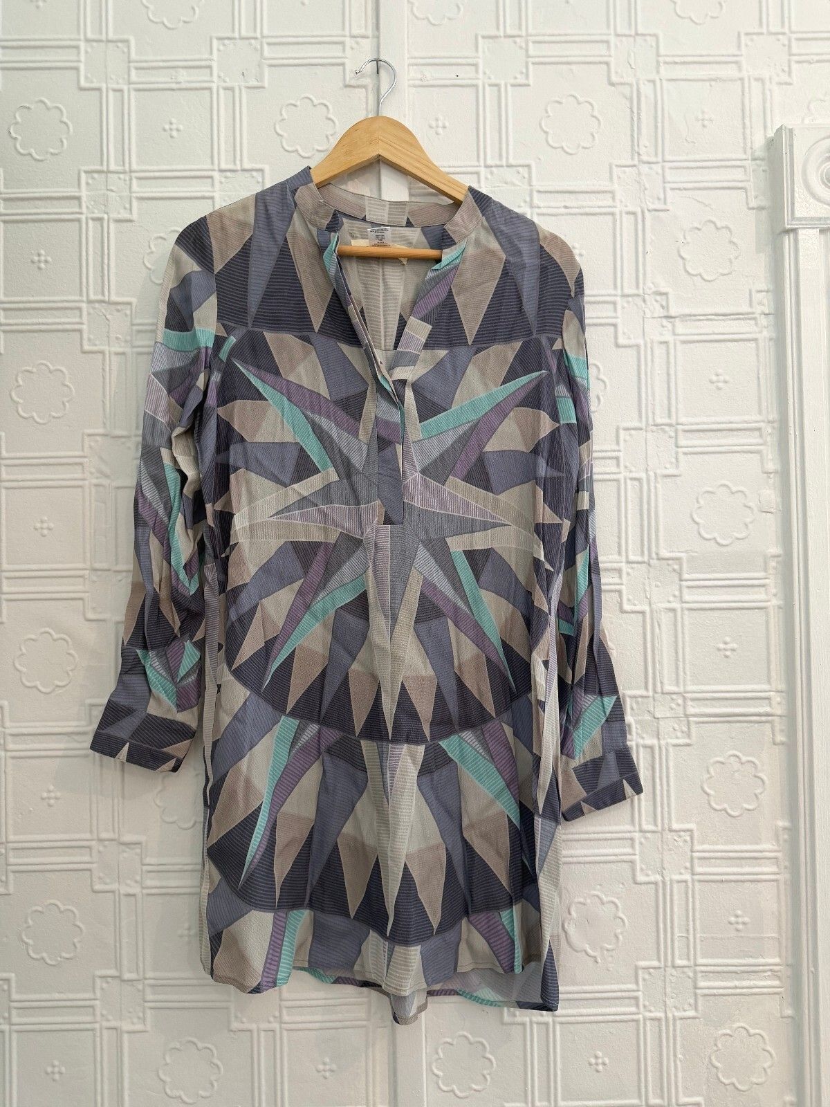Mara Hoffman Geometric Print Shift Dress Size S - Purple & Mint Long Sleeve