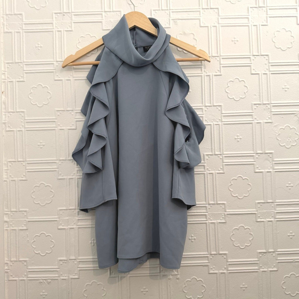 Topshop Slate Blue Cold Shoulder Ruffle Blouse Mock Neck Top Sz 12