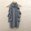Topshop Slate Blue Cold Shoulder Ruffle Blouse Mock Neck Top Sz 12