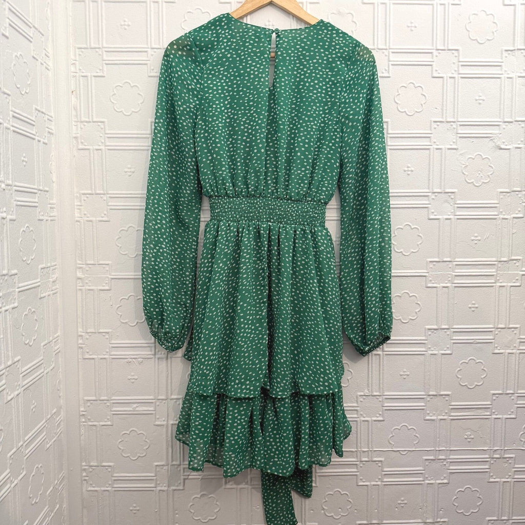 Japna Green Polka Dot Tiered Mini Dress Long Sleeve Size L