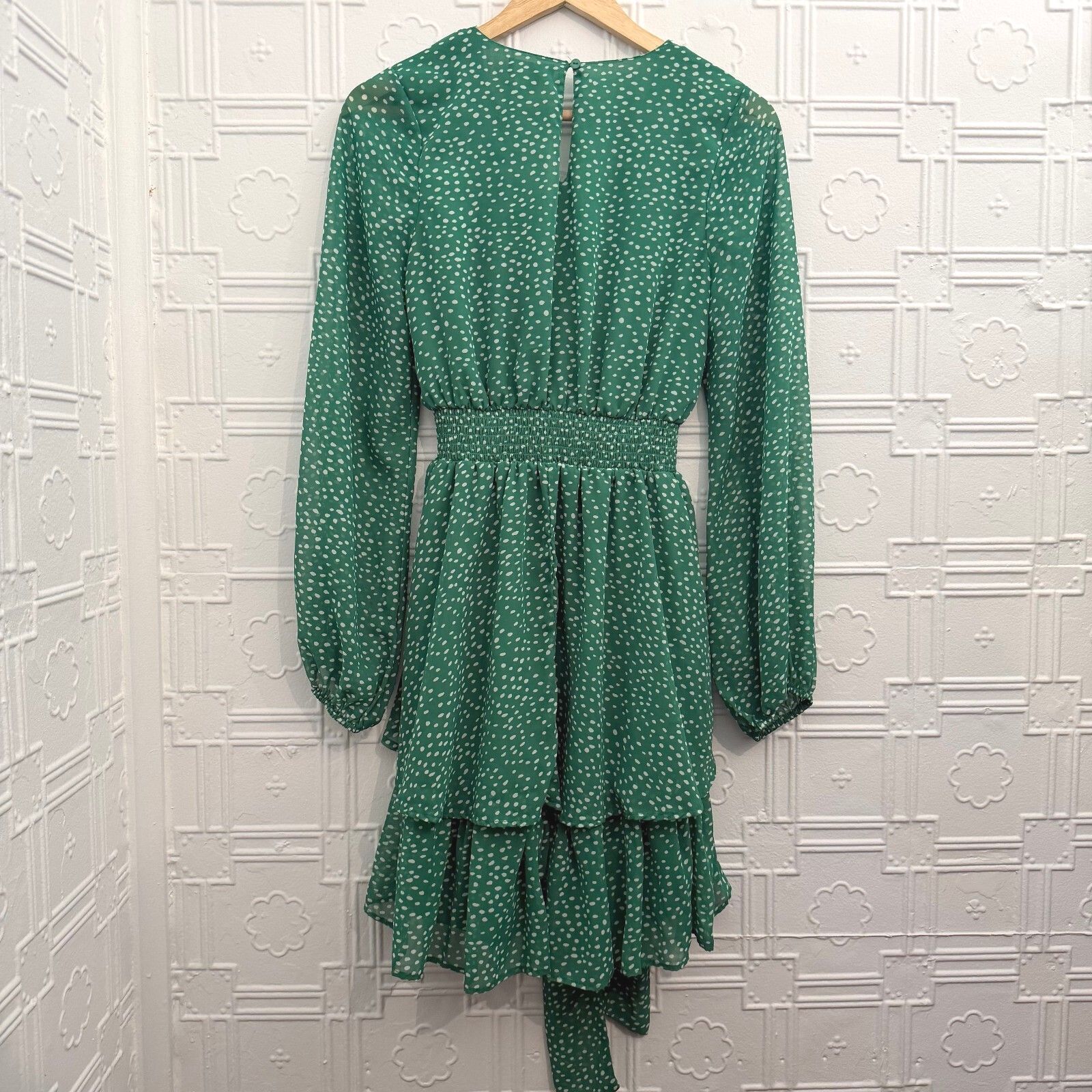 Japna Green Polka Dot Tiered Mini Dress Long Sleeve Size L