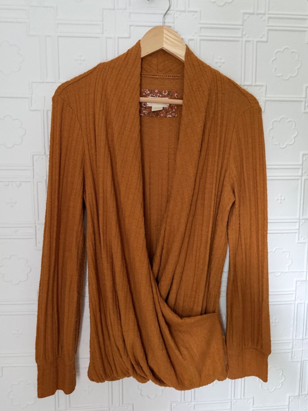 Maeve by Anthropologie Rafela Hacci Surplice Wrap Top Mustard Camel Medium