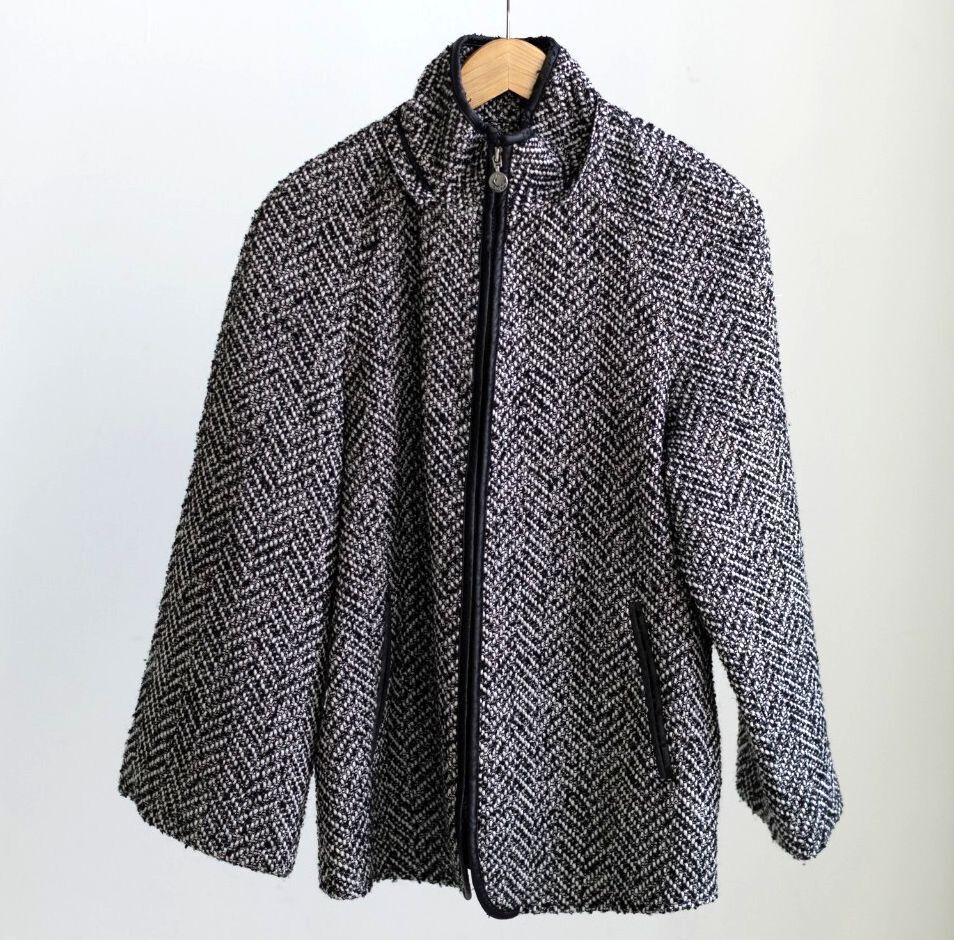 Betsey Johnson Black & White Tweed Herringbone Jacket Faux Leather Trim M