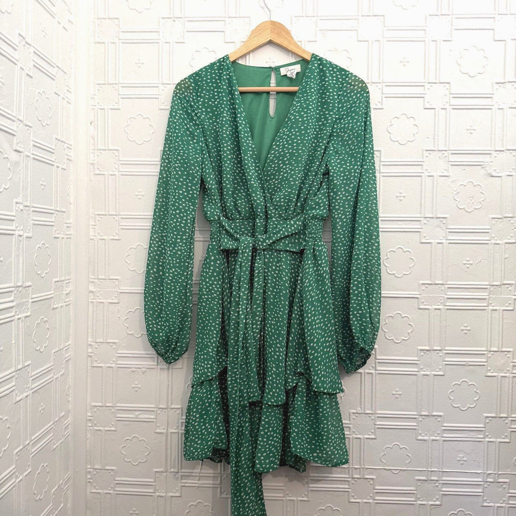 Japna Green Polka Dot Tiered Mini Dress Long Sleeve Size L