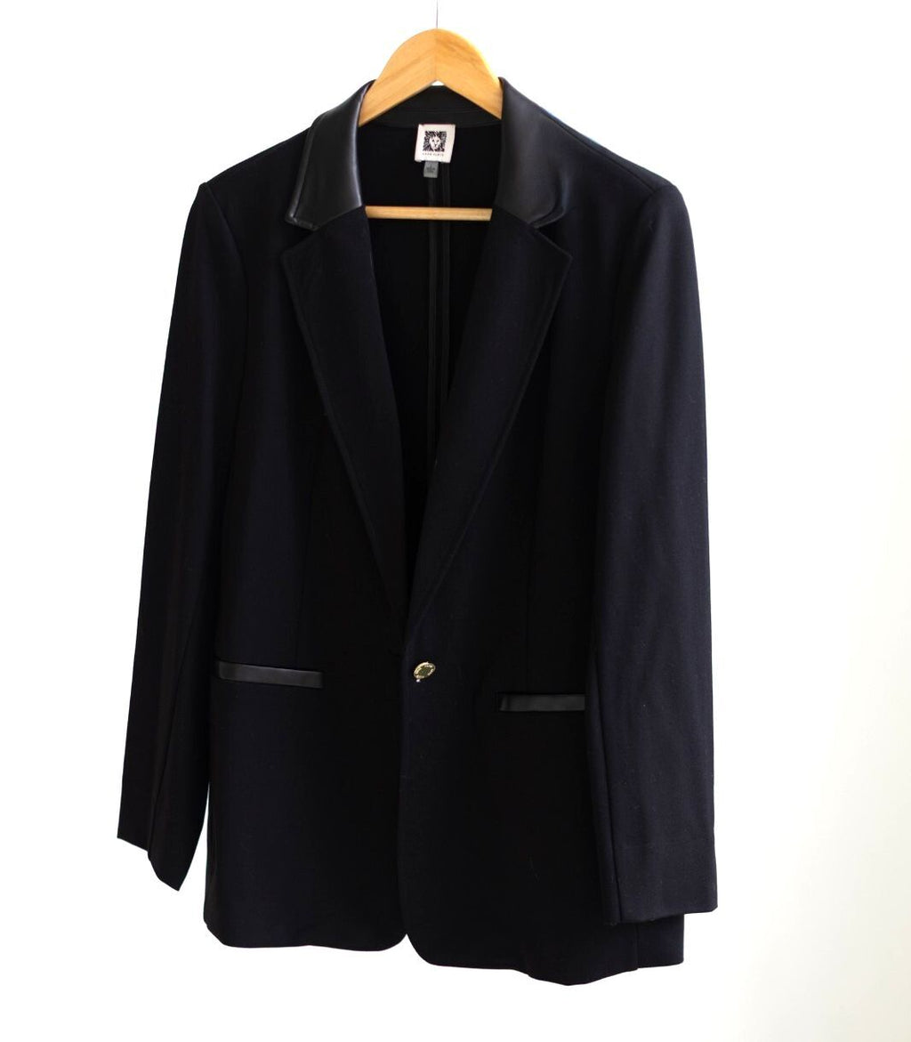 Anne Klein Faux Leather Collar Blazer Jacket Black Sz L