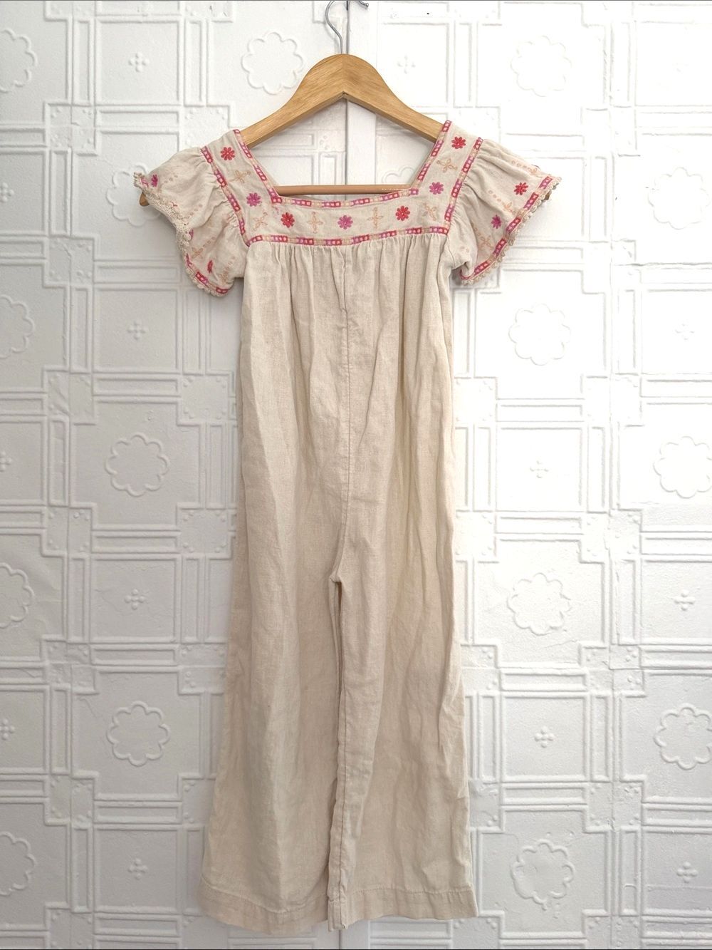 Old Navy Linen Embroidered Boho Jumpsuit Oatmeal 5T
