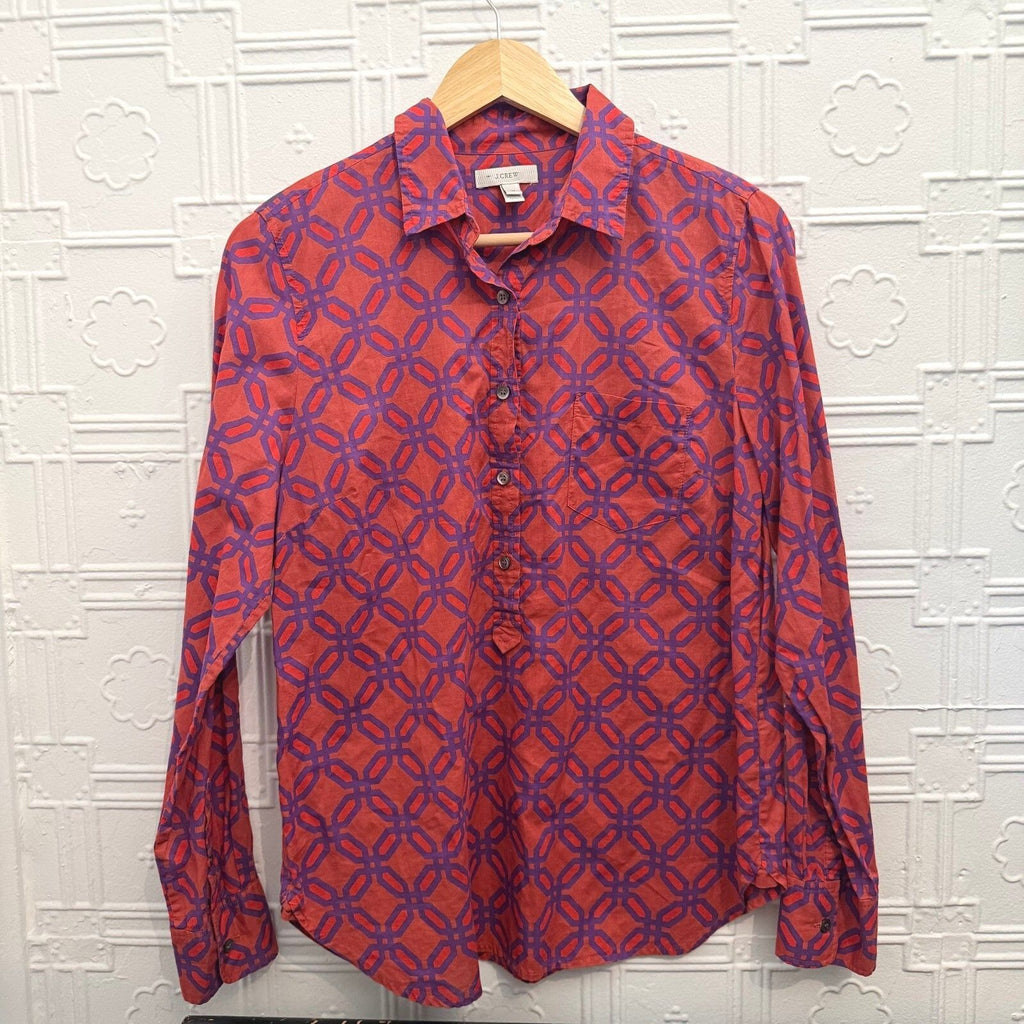 J.Crew Womens Size 10 Cotton Button Down Shirt Red Purple Geometric Print Top