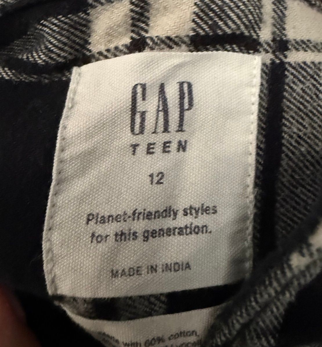 Gap Teen Size 12 Black Cream Plaid Flannel Button Down Shirt Top