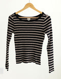 A New Day Striped Ribbed Long Sleeve Top Large Black Beige Scoop Neck