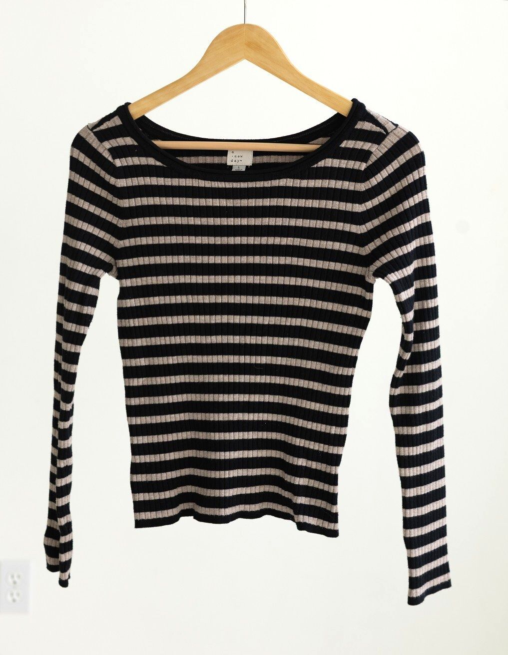 A New Day Striped Ribbed Long Sleeve Top Large Black Beige Scoop Neck