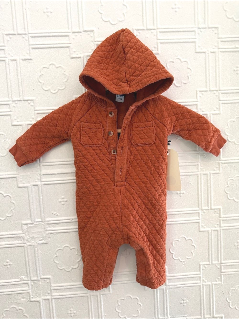 Old Navy Quilted Hooded One-Piece Jumpsuit Rust Orange 3-6M