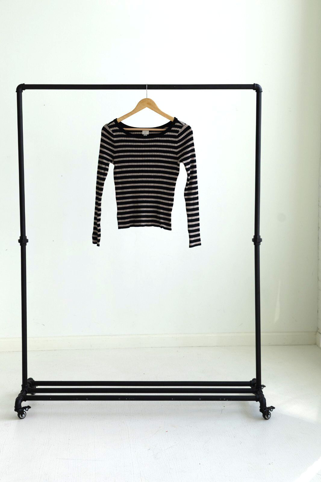 A New Day Striped Ribbed Long Sleeve Top Large Black Beige Scoop Neck