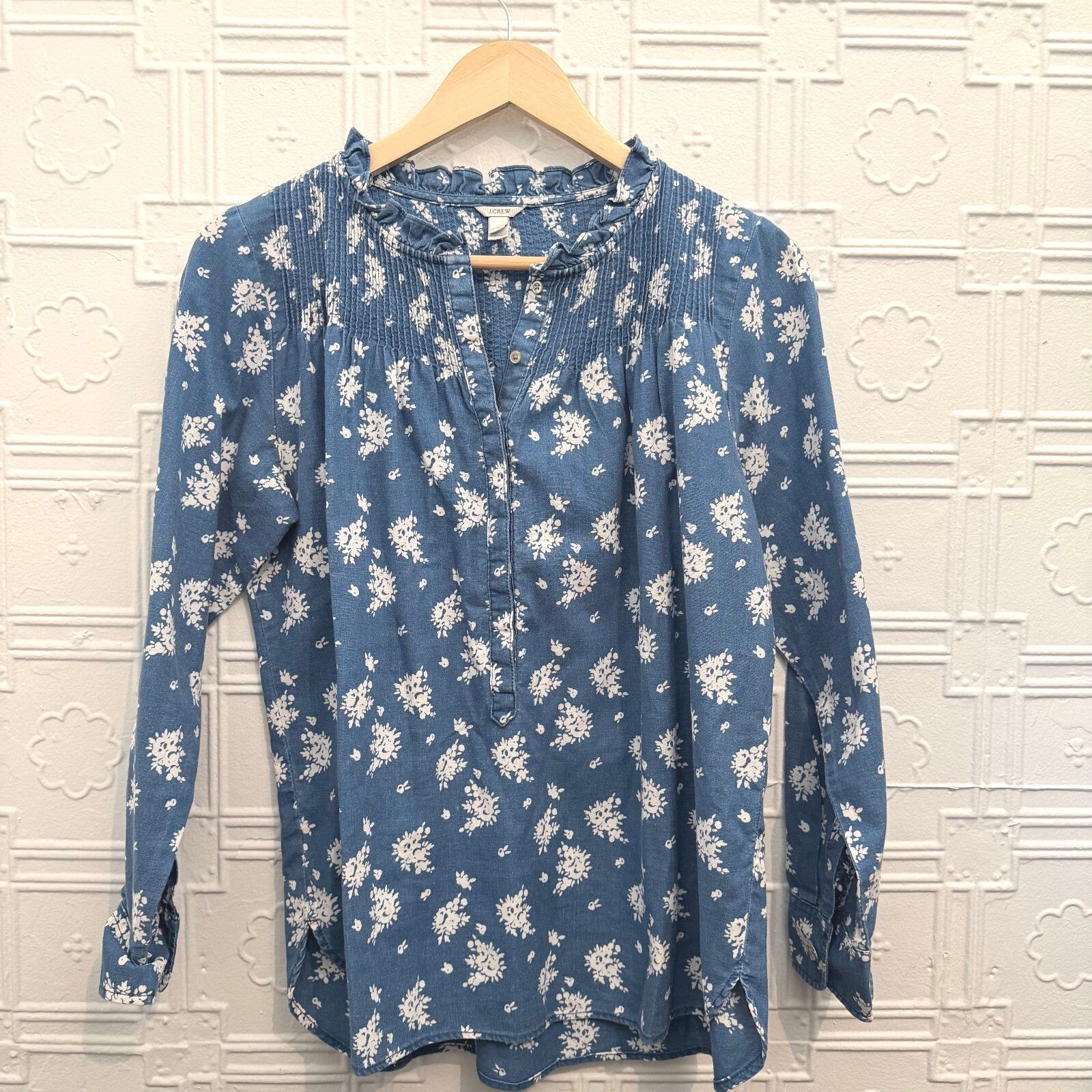 J.Crew Floral Indigo Cotton Pintuck Ruffle Blouse Top Size 4 Cottagecore