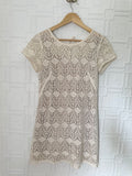 LOFT Cream Crochet Lace Short Sleeve Mini Dress Size 4 Lined Tie Back