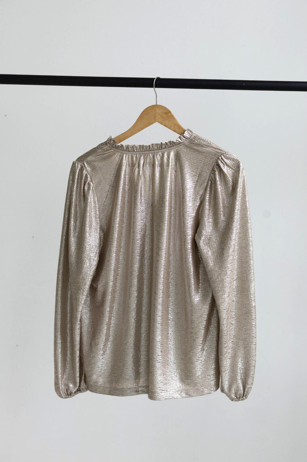 LOFT Metallic Shimmer Ruffle Tie Neck Blouse Gold Champagne Sz S