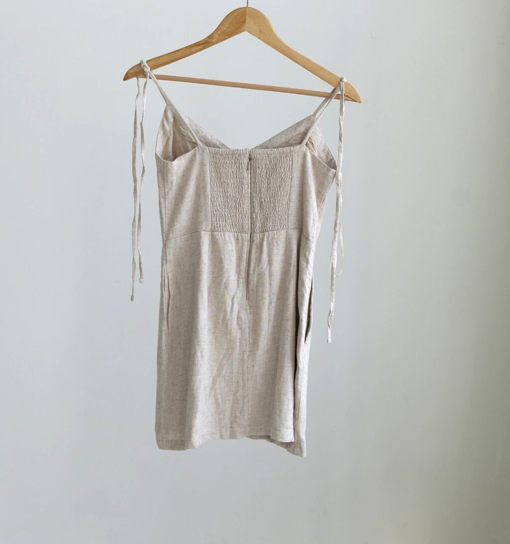 NWT Abercrombie & Fitch Linen Blend Mini Dress Small Petite Beige Tie Shoulder